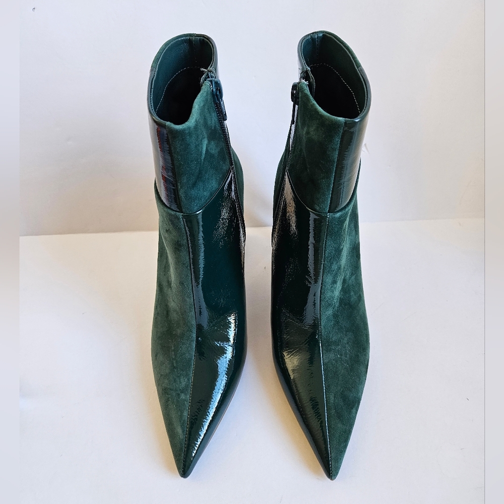 Gianni Bini Green Patent & Suede Mod Ankle Boots, Sculptural Silver Heel Sz 5.5 - Picture 5 of 7